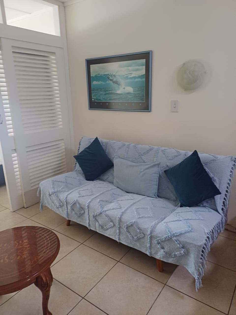 A pale blue sofa with navy cushions beneath a framed picture of a breaching whale, beside white louvred doors